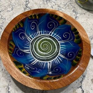 Handcrafted Mexican Folk Art Wooden Blue and Brown Decorative Bowl